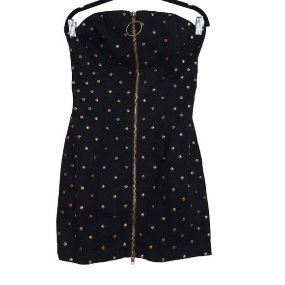 Vtg Betsey Johnson Womens Dress Black Denim Studded Zip Strapless Y2K 90s Sz 4 S - Picture 3 of 10